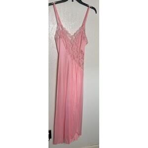 Vintage Val-Mode Lingerie Women's Nightgown Pink Maxi Lace High Slit Petite